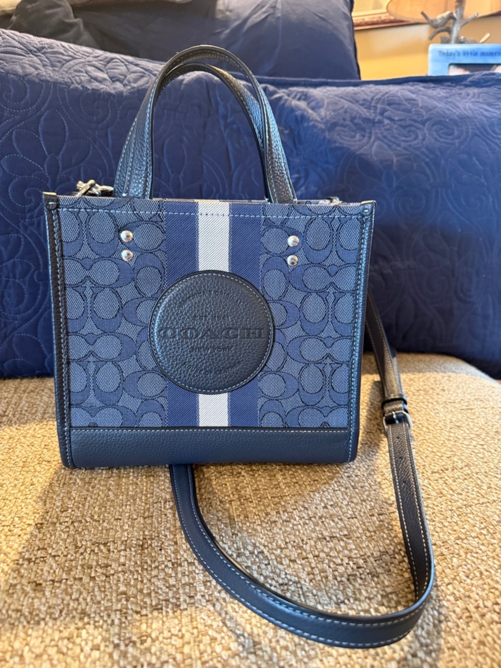 Coach Navy and White Signature Stripe Mini Tote